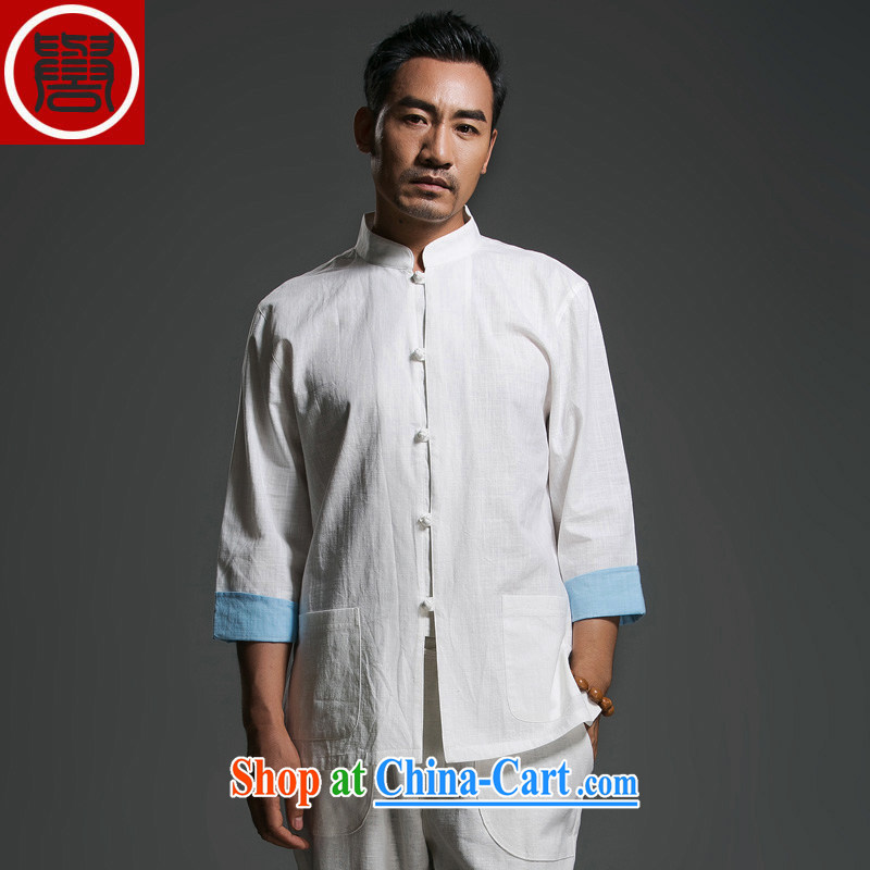 Internationally renowned Chinese clothing Chinese style Chinese men and summer 7 sub-cuff, white collar-tie linen T-shirt men's cotton the Chinese Antique Sky Wave 3 XL, internationally renowned (chiyu), shopping on the Internet