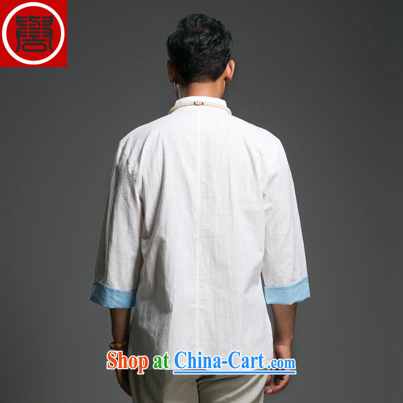 Internationally renowned Chinese clothing Chinese style Chinese men and summer 7 sub-cuff, white collar-tie linen T-shirt men's cotton the Chinese Antique Sky Wave 3 XL, internationally renowned (chiyu), shopping on the Internet