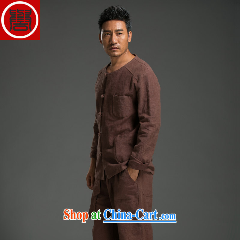 Internationally renowned Chinese clothing Chinese wind fall and winter Chinese men and set long-sleeved Chinese cotton Ma round-collar-tie cynosure serving men and Kung Fu shirt solid color maroon 3XL
