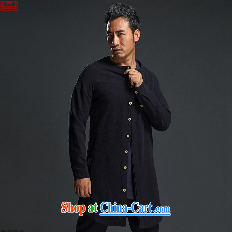 Internationally renowned Chinese clothing, clothing in the men's long jacket, Autumn Chinese wind men's linen men's long-sleeved T-shirt retro Chinese men and Chinese blue 3 XL