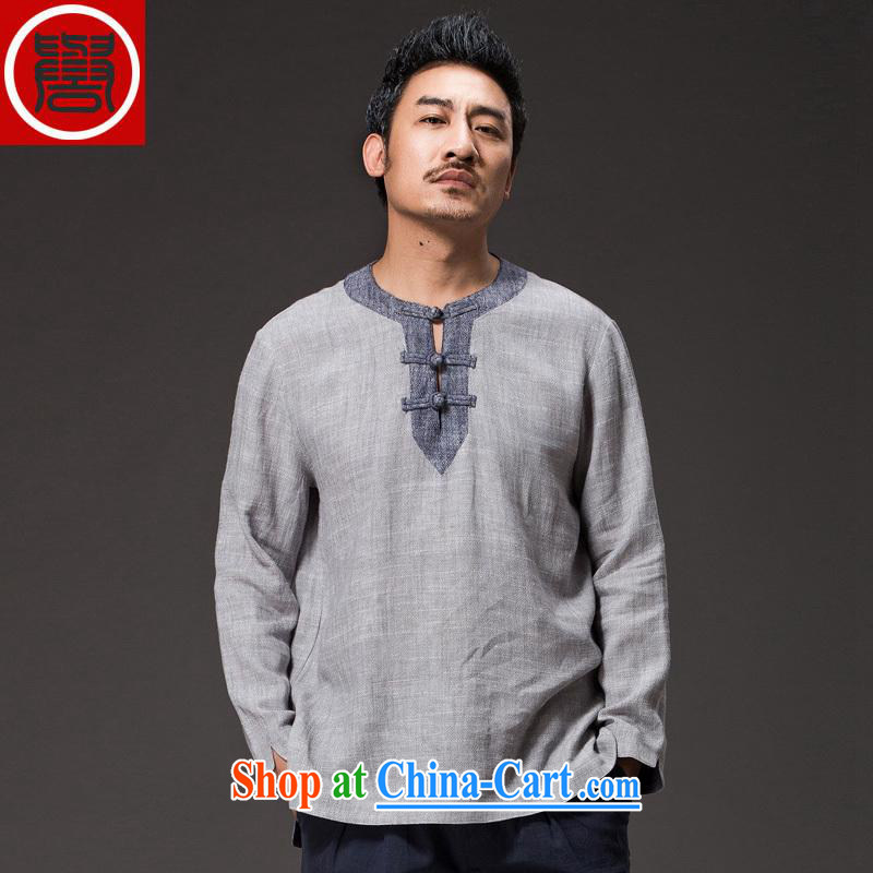 Internationally renowned 2015 China wind men napped T long-sleeved shirt shirt men's Chinese linen round-collar-tie casual men's solid autumn T-shirt with T-shirt dark gray and souvenir new, internationally renowned (CHIYU), online shopping