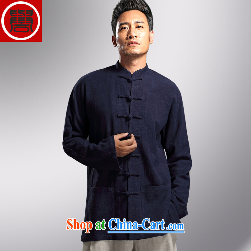 Internationally renowned autumn Tang with long-sleeved men's disc for Han-Chinese wind linen men's leisure loose cotton shirt the men's dark blue 4 XL