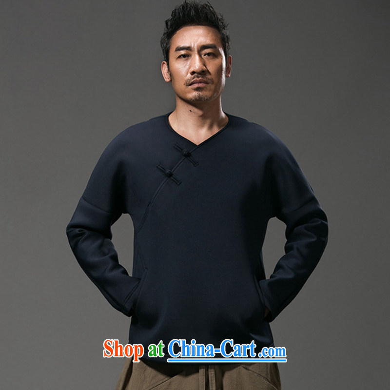 Internationally renowned Chinese clothing Chinese wind fall and winter season T shirts men's long-sleeved small V collar solid color-charge-back Chinese male jacket loose cotton Ma T-shirt and blue wave 3 XL