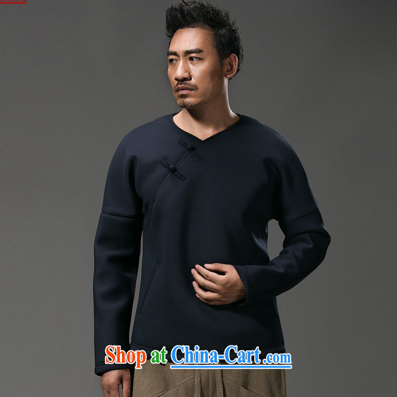 Internationally renowned Chinese clothing Chinese wind autumn and winter T shirts men's long-sleeved small V for pure color-charge Chinese men's jacket loose cotton the T-shirt and blue wave 3 XL, internationally renowned (chiyu), online shopping
