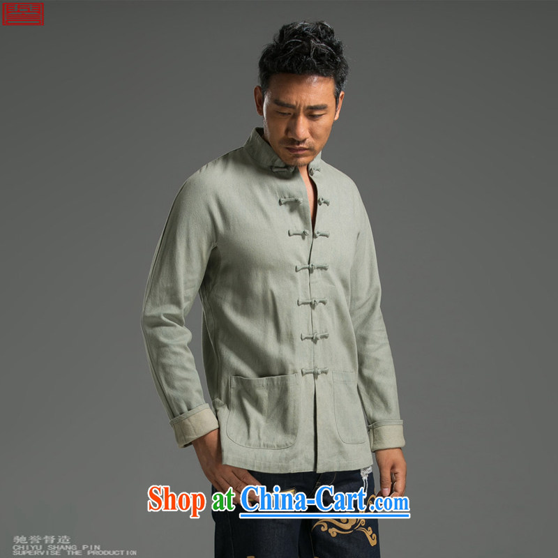 Internationally renowned Chinese clothing Chinese style retro denim Chinese men's autumn jacket long-sleeved Chinese, for the charge-back relaxed and modern national service light green 3 XL