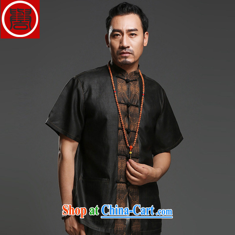 Internationally renowned Chinese clothing men's Silk short-sleeved Chinese male Chinese shirt sauna silk shirt incense cloud yarn male half sleeve national T 9139 black 3 XL