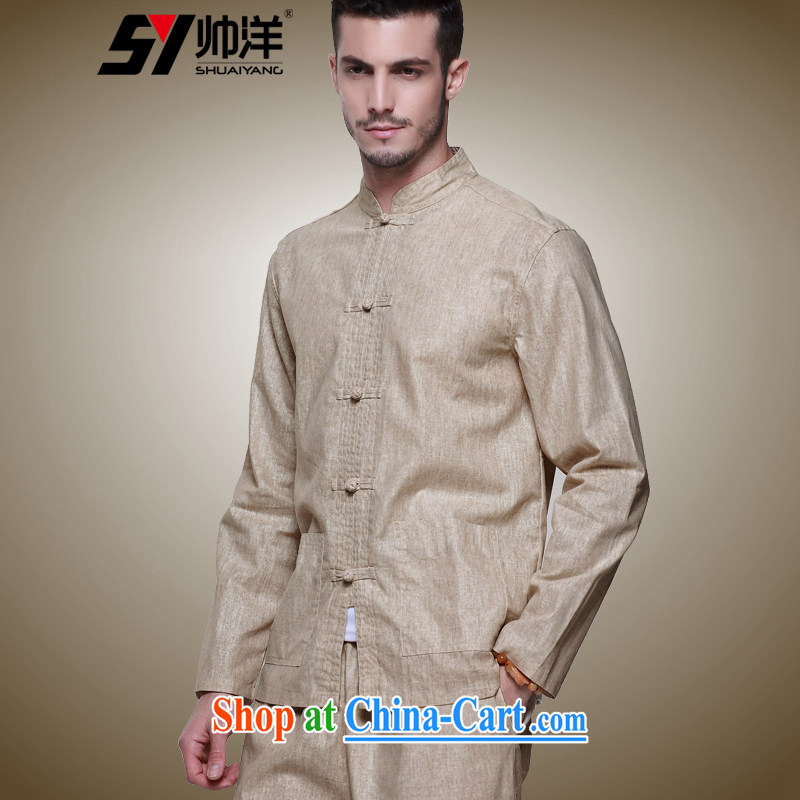 cool ocean 2015 linen men Tang package with long-sleeved T-shirt with trousers Chinese ethnic Han-Xia China wind men's autumn beige 185