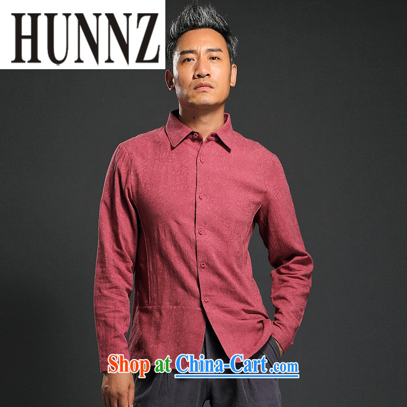 Products HUNNZ 2015 new Chinese wind men's Chinese long-sleeved T-shirt lapel improved men and ethnic clothing shirt deep red XXXL, HUNNZ, shopping on the Internet