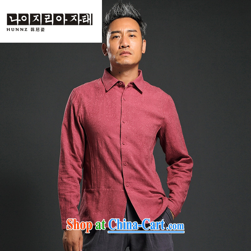 Products HANNIZI 2015 new Chinese wind male-tang with long-sleeved T-shirt lapel improved male national costumes shirt deep red XXXL