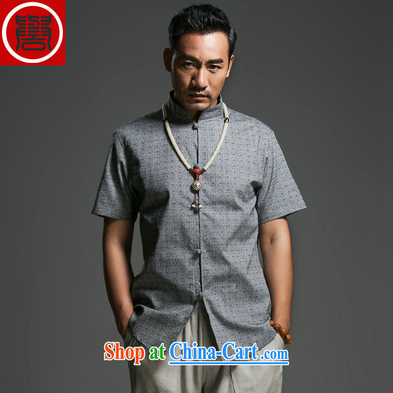 Internationally renowned Chinese clothing new summer products including linen stamp men detained for short-sleeved shirt relaxed casual middle-aged short-sleeve T-shirt gray XXXL