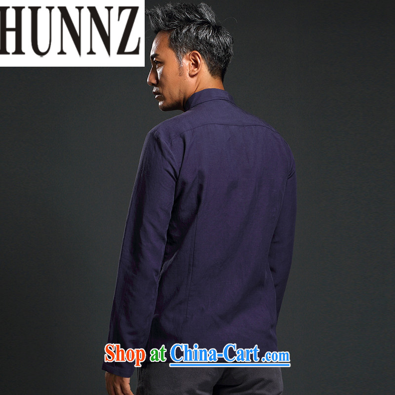 Products HUNNZ China wind shirt men's linen shirt long-sleeved simple plain colored Chinese Tang on the buckle smock dark blue XXXL, HUNNZ, shopping on the Internet