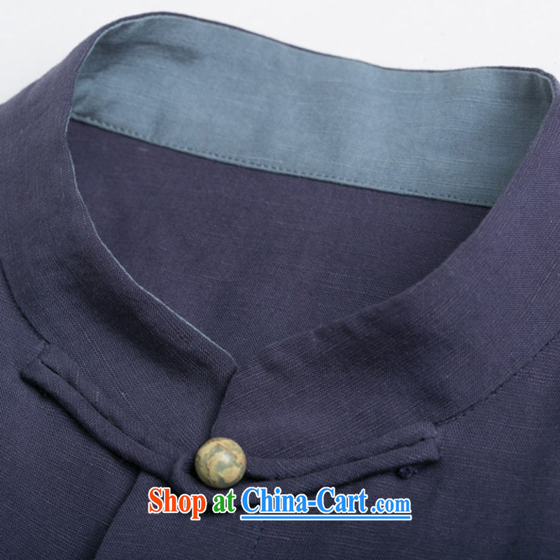 Products HUNNZ China wind shirt men's linen shirt long-sleeved simple plain colored Chinese Tang on the buckle smock dark blue XXXL, HUNNZ, shopping on the Internet