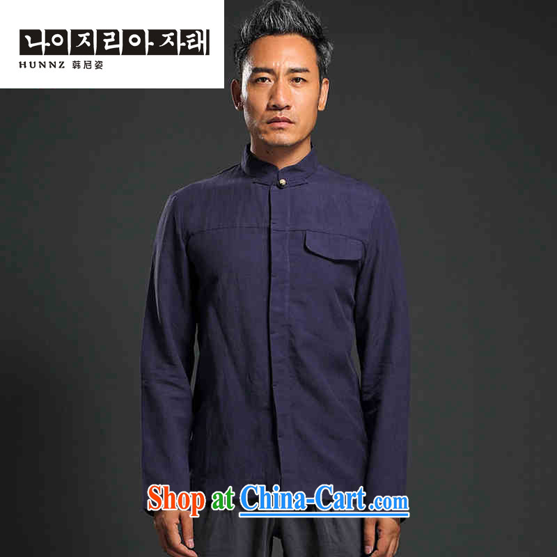 Products HANNIZI China wind shirt men's linen shirt long-sleeved simple plain colored Chinese Tang on the buckle smock dark blue XXXL