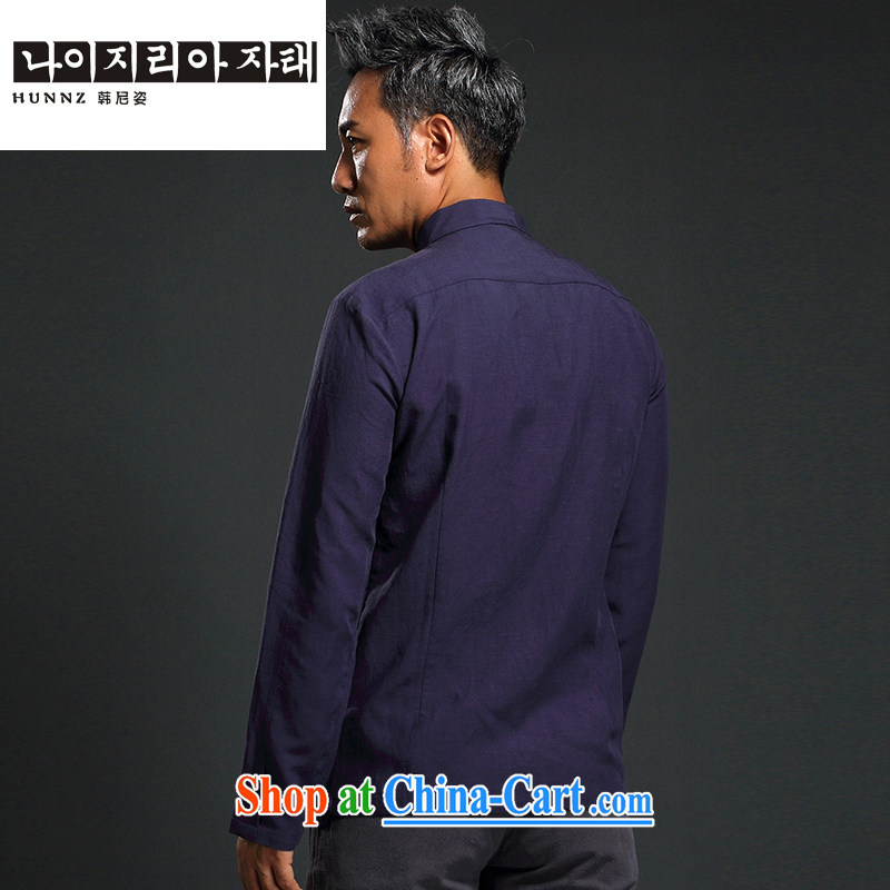 Products HANNIZI China wind shirt men's linen shirt long-sleeved simple plain colored Chinese Tang on the buckle smock dark blue XXXL, Korea, colorful (hannizi), shopping on the Internet
