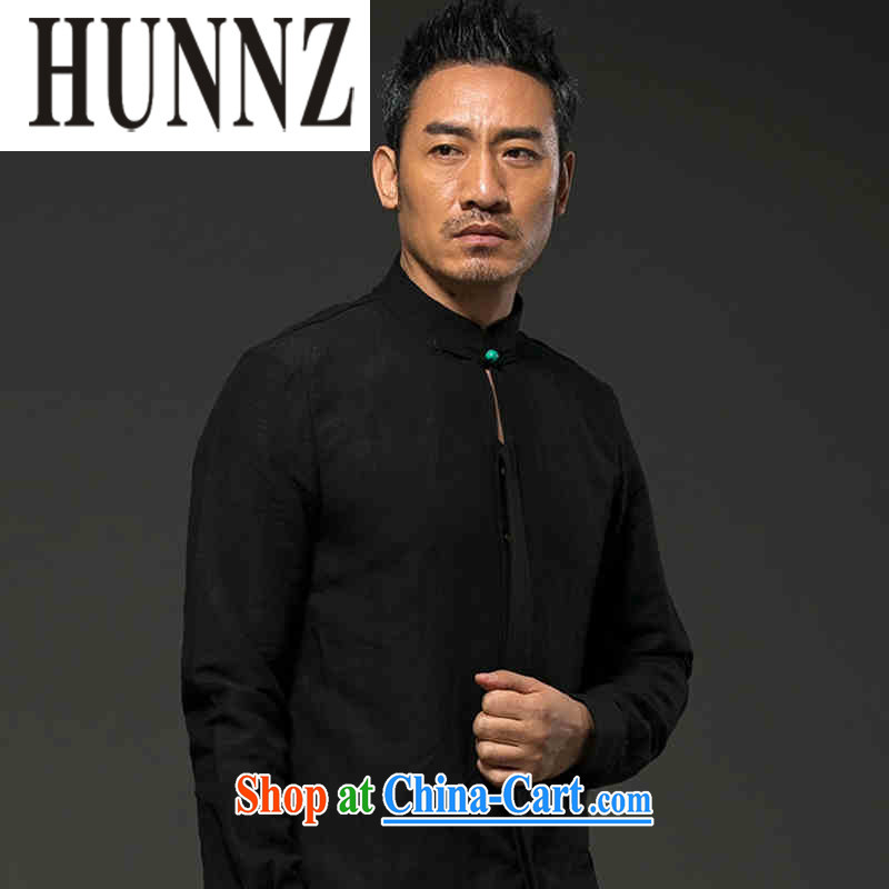 Products HUNNZ men's long-sleeved natural linen casual thin shirt classic Chinese wind loose Solid Color Tang black XXXL, HUNNZ, shopping on the Internet