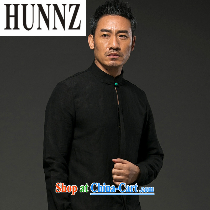 Products HUNNZ men's long-sleeved natural linen casual thin shirt classic Chinese wind loose Solid Color Tang black XXXL, HUNNZ, shopping on the Internet