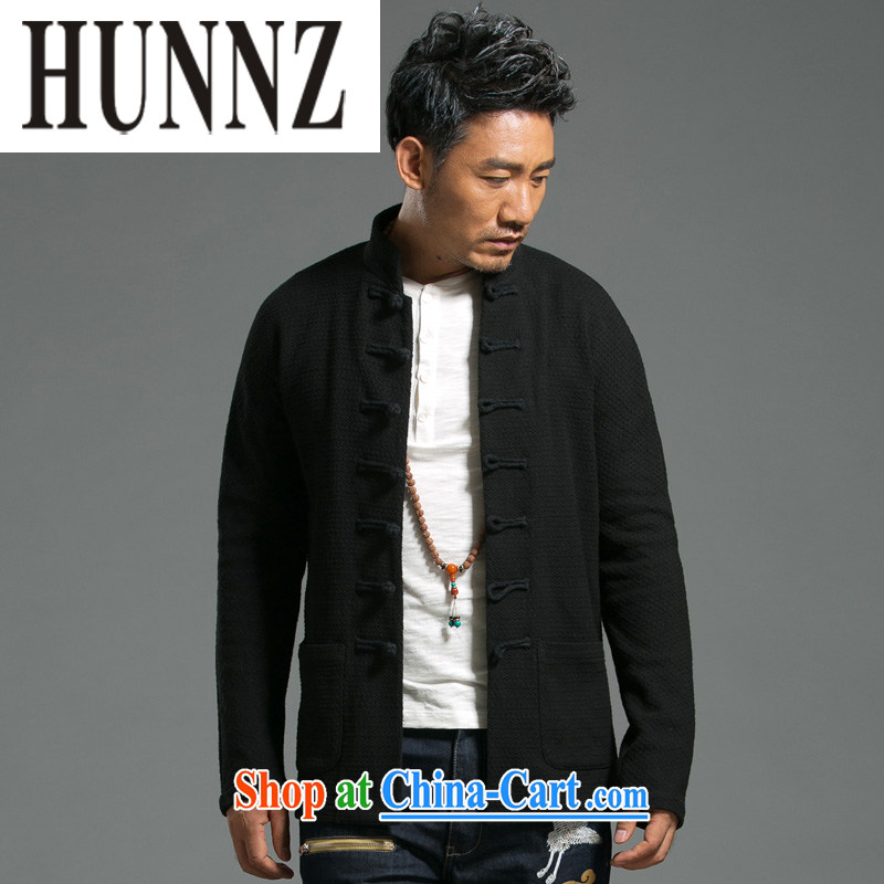 Products HUNNZ China wind men's Tang knitted solid color jacket long-sleeved retro, trendy T-shirt jacket black XXXXL, HUNNZ, shopping on the Internet