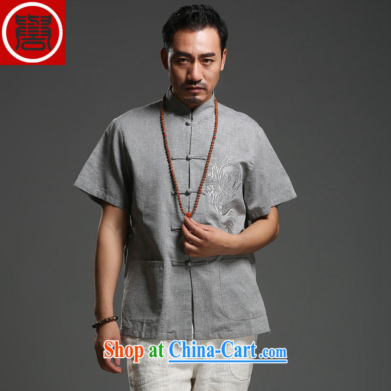 Internationally renowned Chinese clothing spring and summer linen shirt men, for loose cotton the Chinese men's short-sleeved men's load leisure thin light gray 3 XL