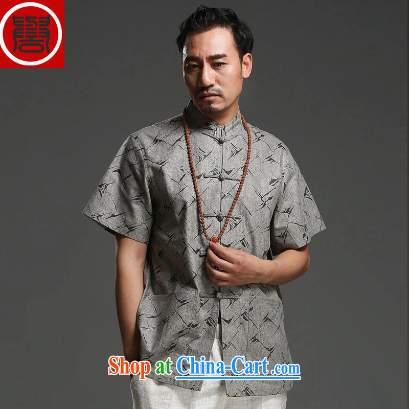 Internationally renowned Chinese clothing men's Chinese cotton MA, short-sleeved shirt stamp loose China wind relaxed and modern Chinese men's gray L, internationally renowned (chiyu), online shopping