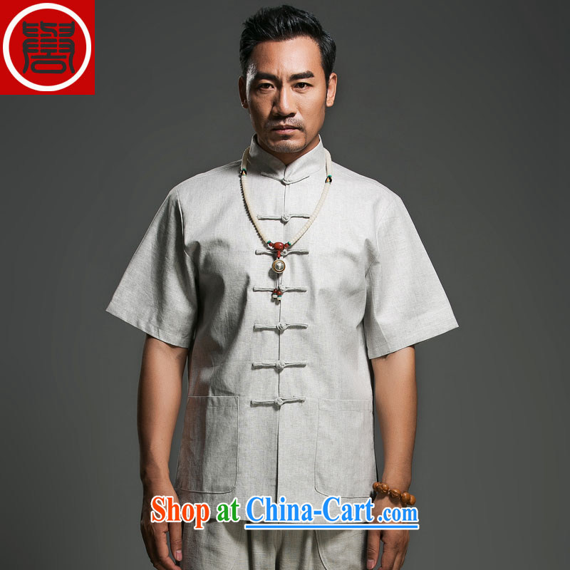 Internationally renowned Chinese clothing Chinese Wind and linen Chinese-buckle up for men's T-shirt retro classic Zen Sau San Tong with gray XXXL