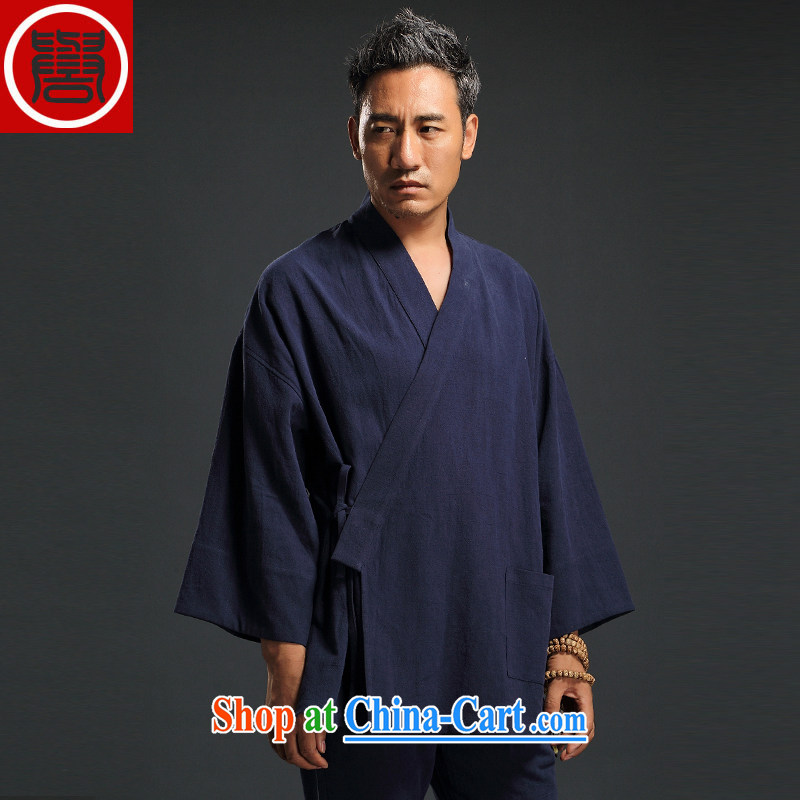 Internationally renowned Chinese clothing autumn China wind linen men's retro-service men and the hard-pressed the T-shirt casual Chinese men's T-shirt tea service blue XXL