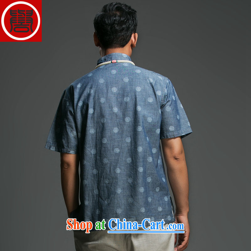 Internationally renowned Chinese clothing summer short sleeve loose fit leisure men's new summer sauna silk linen men's stamp shirt short-sleeved blue wave point XXXL