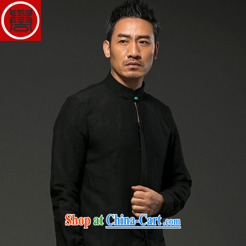Internationally renowned Chinese clothing spring loaded men's long-sleeved linen casual linen china wind loose cotton the Chinese T-shirt shirt men's black XXXL